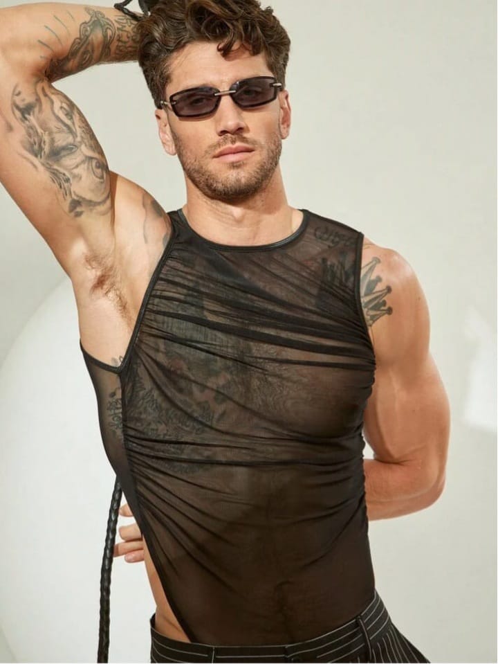 Men's Mesh Sheer Round Neck Sleeveless Bodysuit